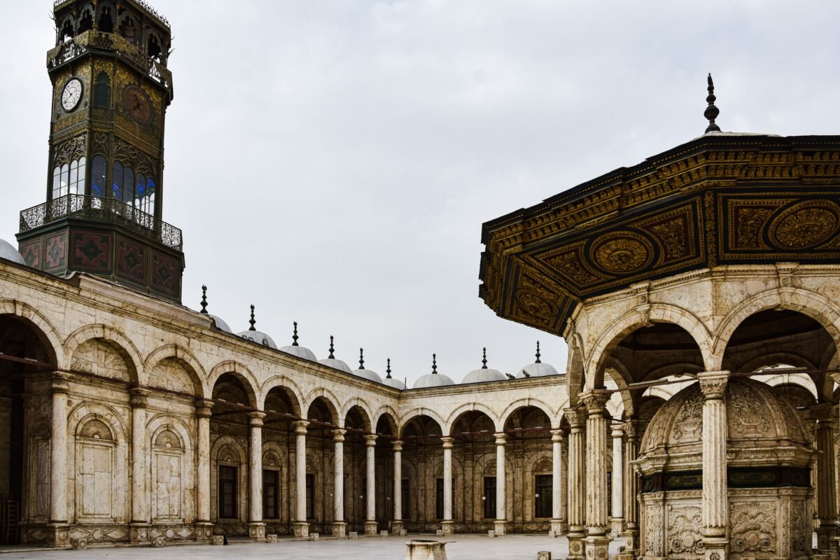 Beautiful view of the Mosque of Muhammad Ali's courtyard showcasing its Islamic architecture in Cairo, Egypt.