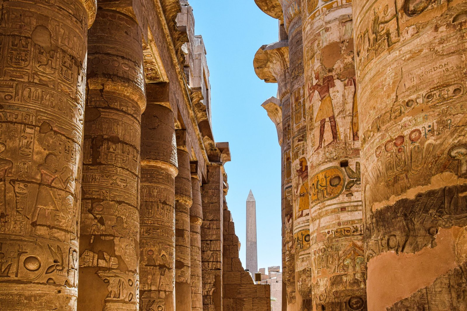 Columns and hieroglyphs at Karnak Temple in Luxor, Egypt.